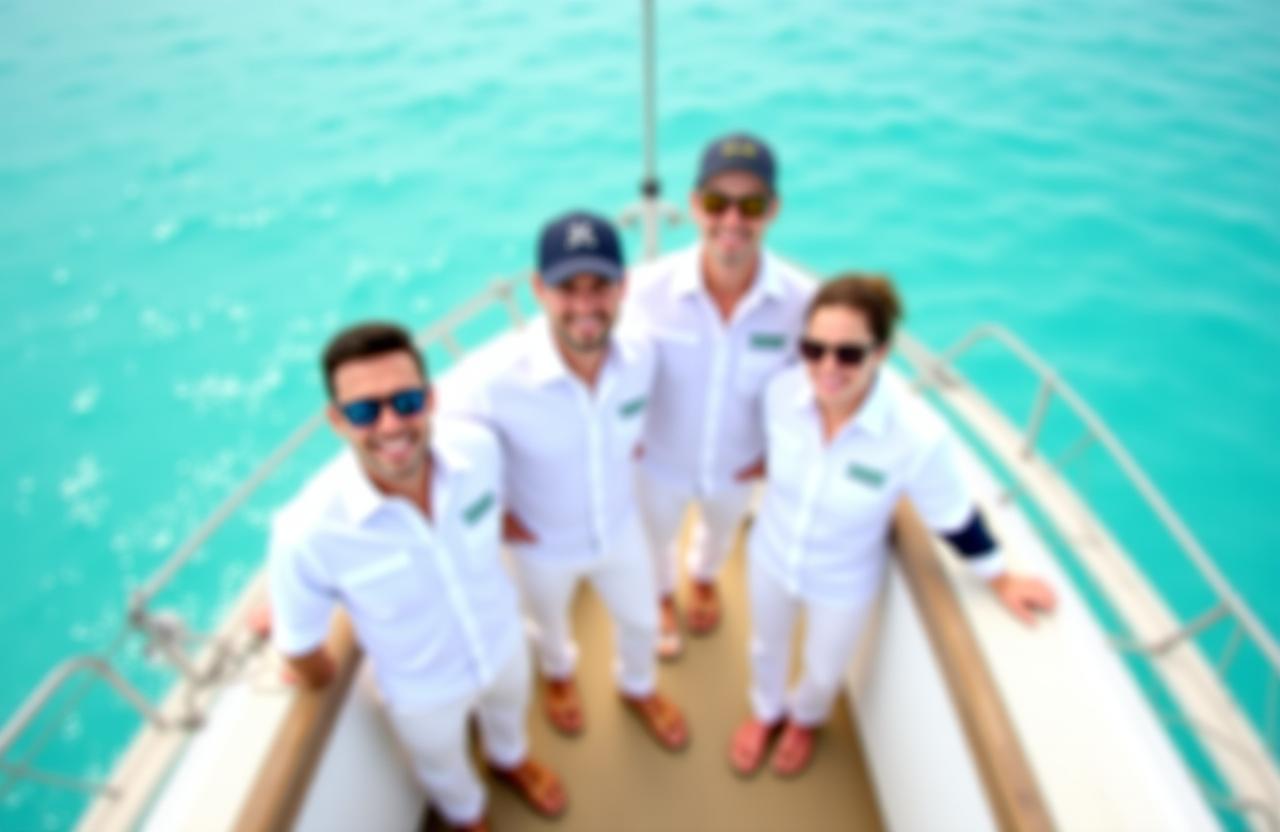 Équipage de yacht professionnel en uniforme blanc sur le pont d'un navire de luxe